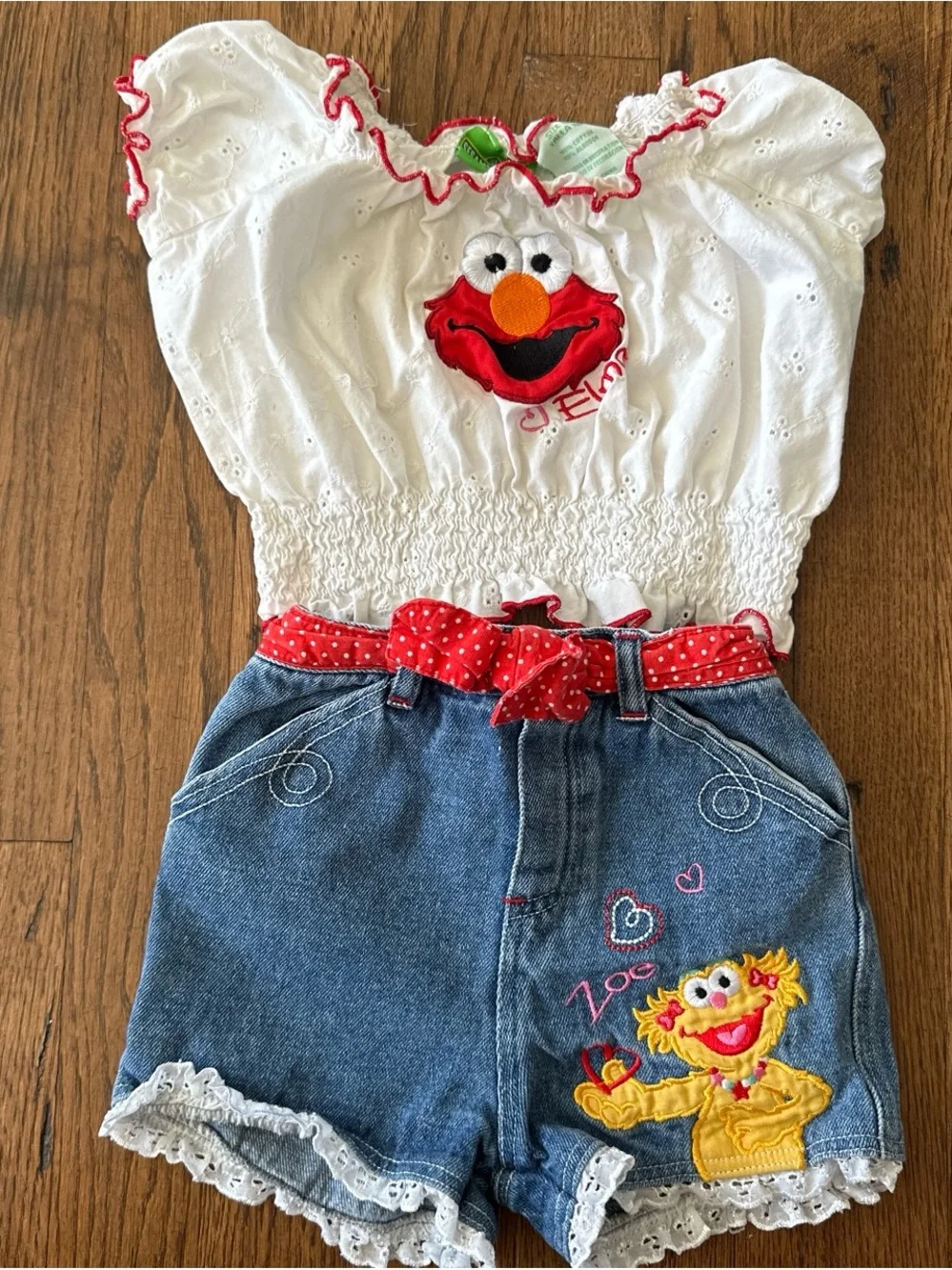 Rare vintage Elmo & Zoe White Top, Denim Shorts